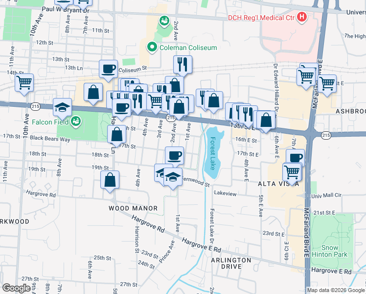 map of restaurants, bars, coffee shops, grocery stores, and more near 1610 1st Avenue in Tuscaloosa