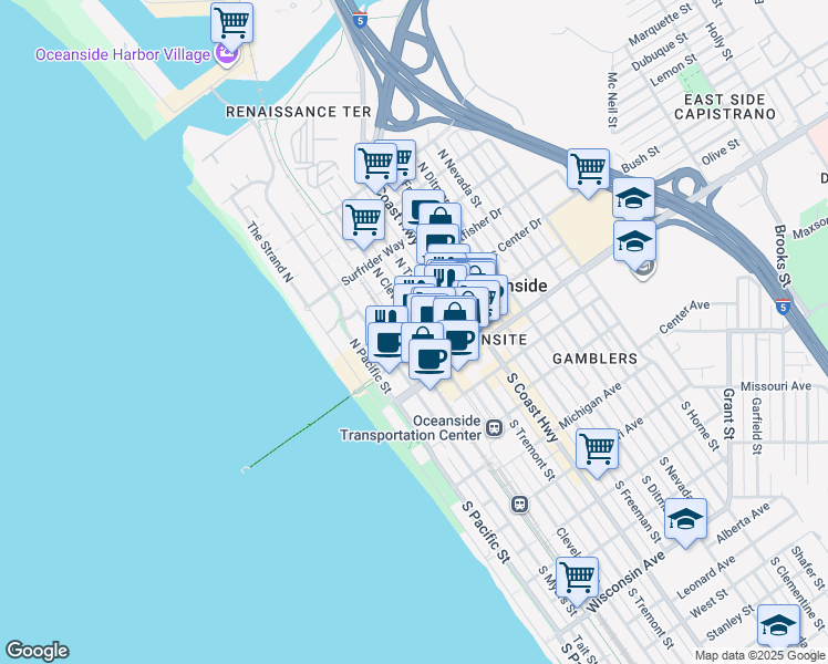 map of restaurants, bars, coffee shops, grocery stores, and more near 355 North Cleveland Street in Oceanside