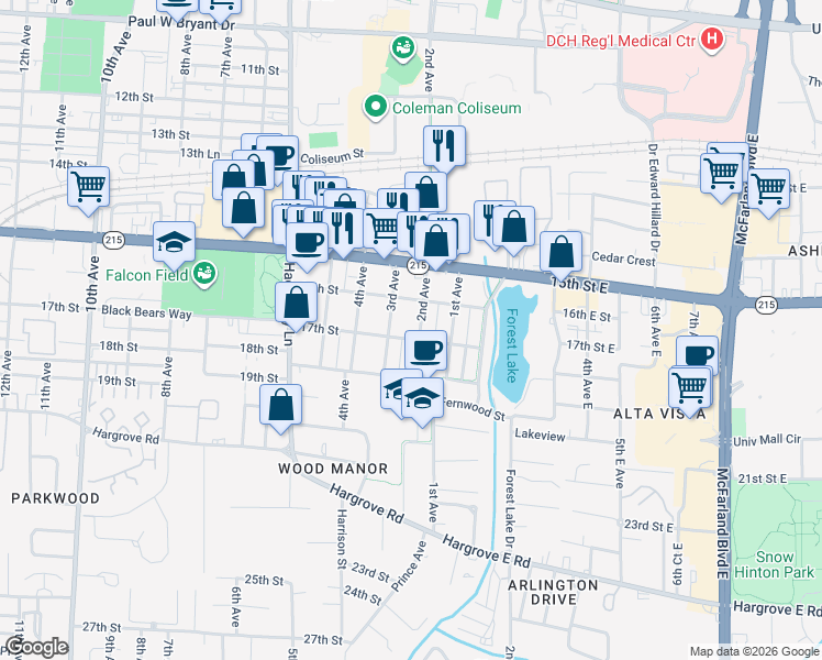 map of restaurants, bars, coffee shops, grocery stores, and more near 1614 2nd Avenue in Tuscaloosa