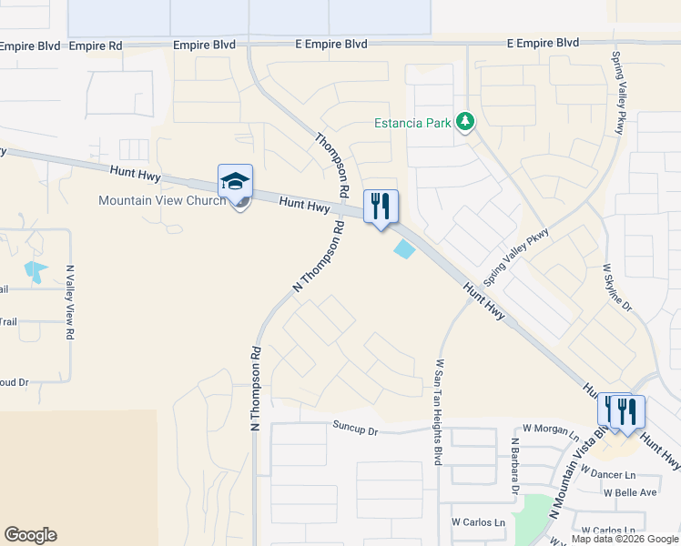 map of restaurants, bars, coffee shops, grocery stores, and more near North Thompson Road in Queen Creek