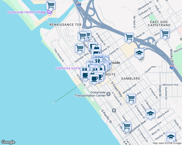 map of restaurants, bars, coffee shops, grocery stores, and more near 355 North Cleveland Street in Oceanside
