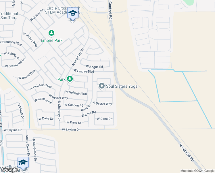 map of restaurants, bars, coffee shops, grocery stores, and more near 65 West Corriente Court in Queen Creek