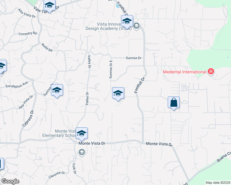 map of restaurants, bars, coffee shops, grocery stores, and more near 650 Sunrise Drive East in Vista