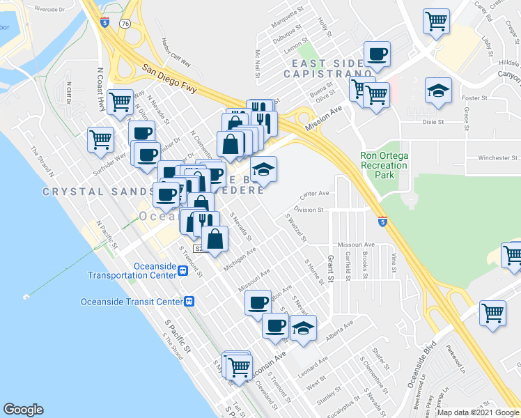 map of restaurants, bars, coffee shops, grocery stores, and more near 122 South Clementine Street in Oceanside