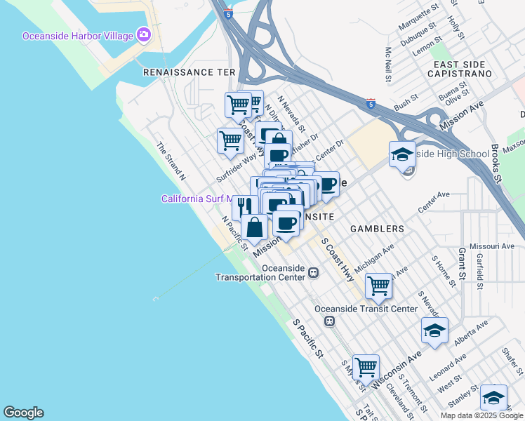 map of restaurants, bars, coffee shops, grocery stores, and more near 371 North Cleveland Street in Oceanside