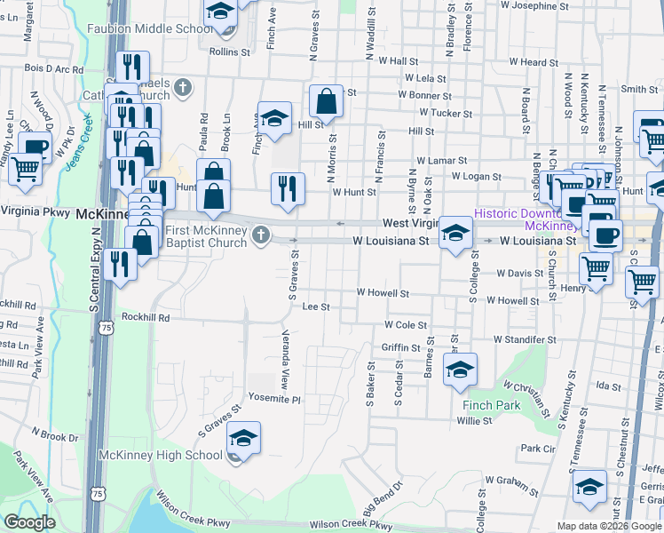 map of restaurants, bars, coffee shops, grocery stores, and more near 110 South Morris Street in McKinney