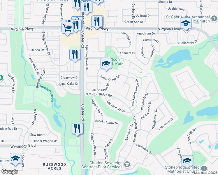 map of restaurants, bars, coffee shops, grocery stores, and more near 8609 Falcon Crest Drive in McKinney