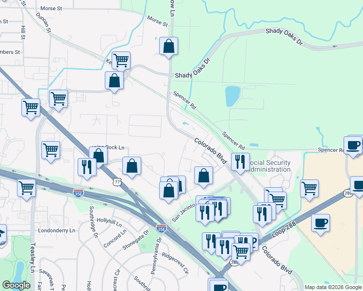 map of restaurants, bars, coffee shops, grocery stores, and more near 1508 Valley Creek Road in Denton