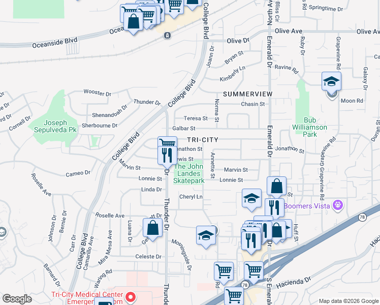 map of restaurants, bars, coffee shops, grocery stores, and more near 4123 Jonathon Street in Oceanside