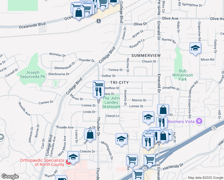 map of restaurants, bars, coffee shops, grocery stores, and more near 4123 Jonathon Street in Oceanside