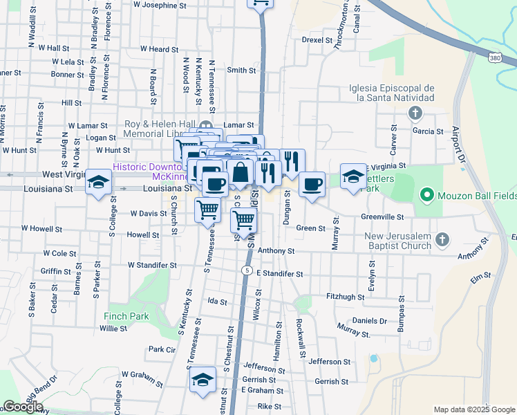map of restaurants, bars, coffee shops, grocery stores, and more near 120 Wilcox Street in McKinney