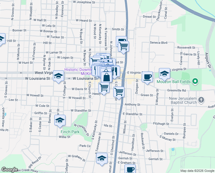 map of restaurants, bars, coffee shops, grocery stores, and more near 129 South Tennessee Street in McKinney