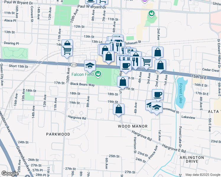 map of restaurants, bars, coffee shops, grocery stores, and more near 575 Black Bears Way in Tuscaloosa