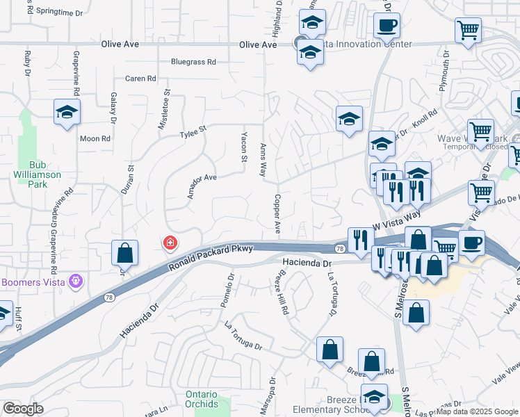 map of restaurants, bars, coffee shops, grocery stores, and more near 144 Copper Avenue in Vista