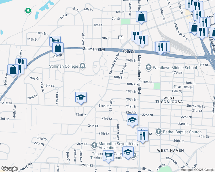 map of restaurants, bars, coffee shops, grocery stores, and more near 1835 Fosters Ferry Road in Tuscaloosa