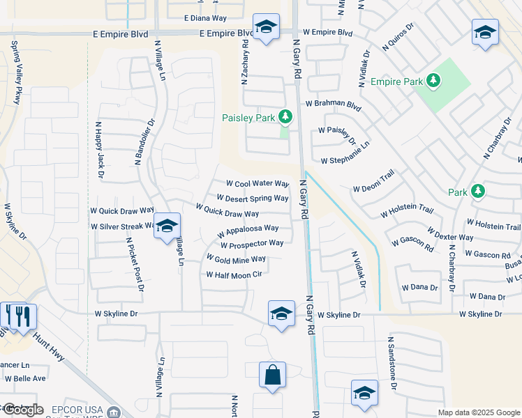 map of restaurants, bars, coffee shops, grocery stores, and more near 1755 West Desert Spring Way in San Tan Valley
