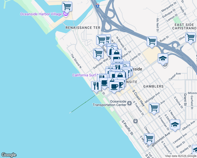 map of restaurants, bars, coffee shops, grocery stores, and more near 400 North Myers Street in Oceanside