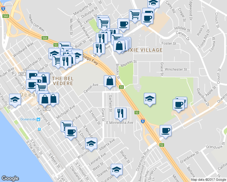 map of restaurants, bars, coffee shops, grocery stores, and more near 341 Garfield Street in Oceanside