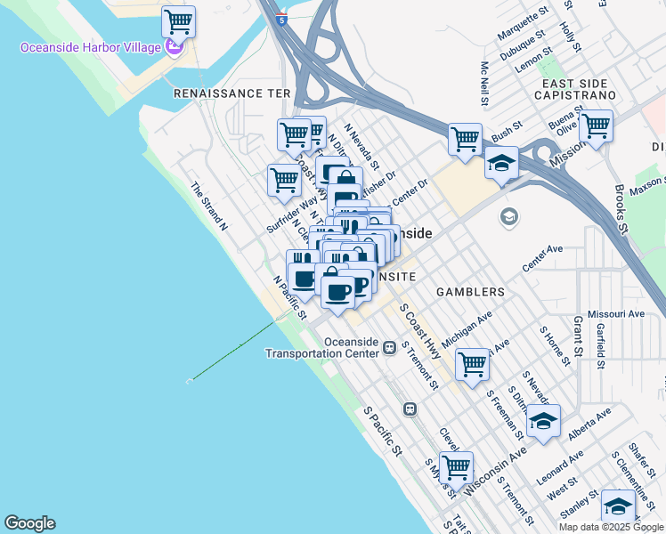 map of restaurants, bars, coffee shops, grocery stores, and more near 371 North Cleveland Street in Oceanside