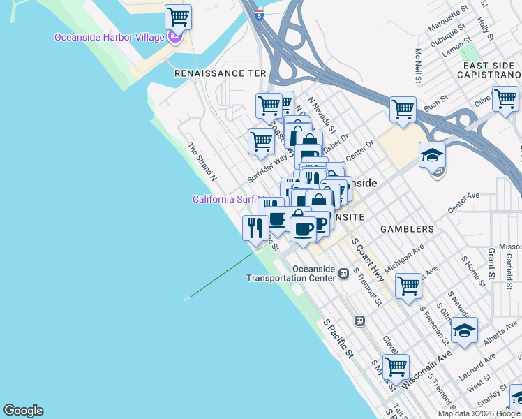map of restaurants, bars, coffee shops, grocery stores, and more near 400 North Myers Street in Oceanside