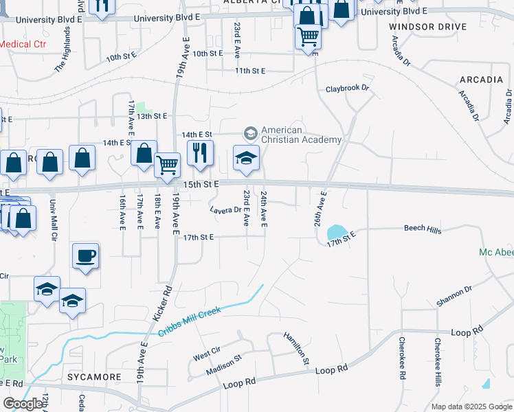 map of restaurants, bars, coffee shops, grocery stores, and more near 1601 24th Avenue East in Tuscaloosa