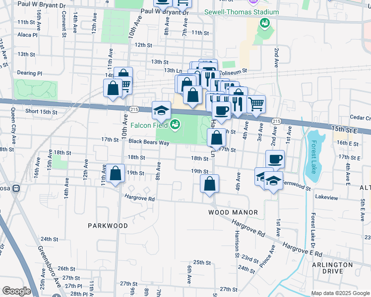 map of restaurants, bars, coffee shops, grocery stores, and more near 639 Black Bears Way in Tuscaloosa