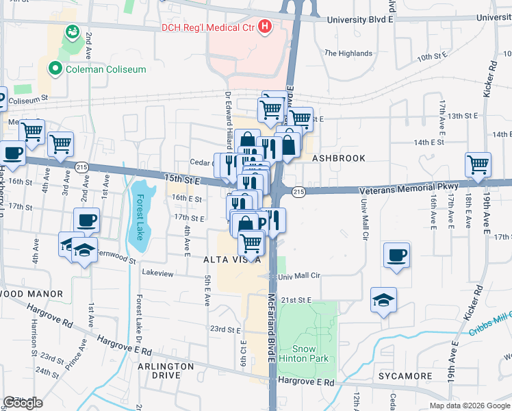 map of restaurants, bars, coffee shops, grocery stores, and more near 1800 McFarland Boulevard East in Tuscaloosa