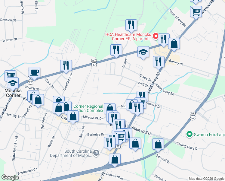 map of restaurants, bars, coffee shops, grocery stores, and more near 402 Wall Street in Moncks Corner