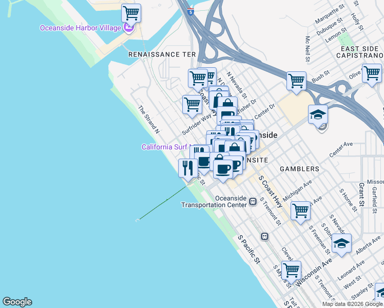 map of restaurants, bars, coffee shops, grocery stores, and more near 400 North Myers Street in Oceanside