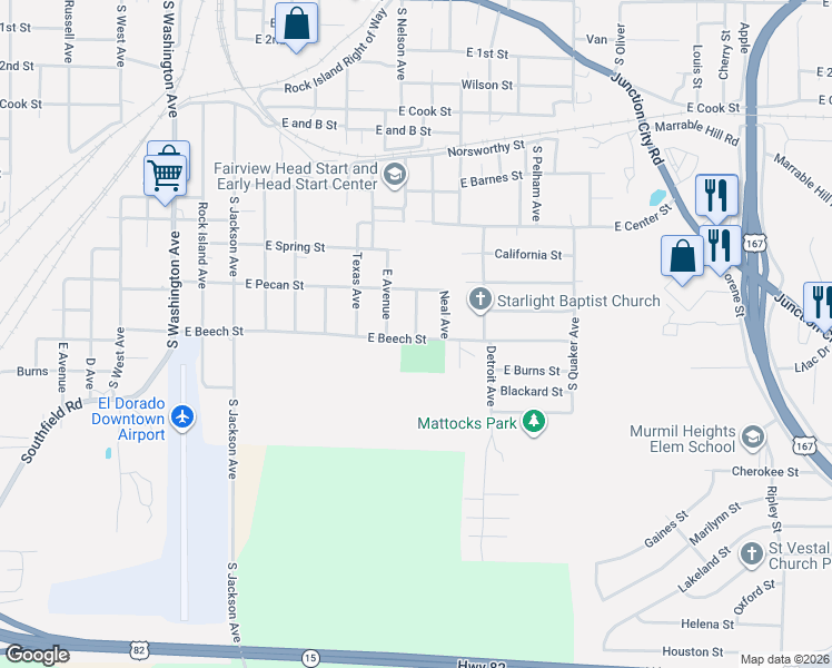 map of restaurants, bars, coffee shops, grocery stores, and more near 906 East Beech Street in El Dorado