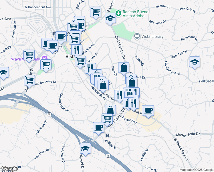 map of restaurants, bars, coffee shops, grocery stores, and more near 229 Terrace Drive in Vista