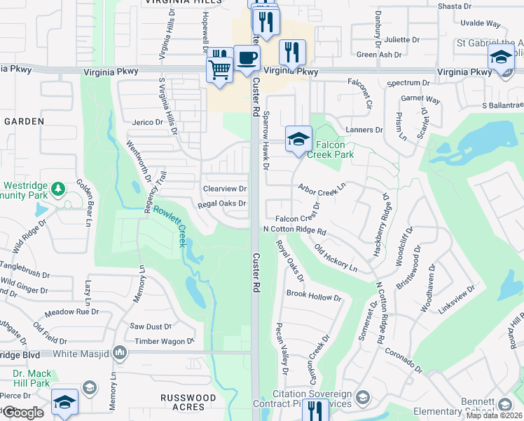 map of restaurants, bars, coffee shops, grocery stores, and more near 512 Audubon Drive in McKinney