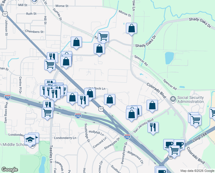 map of restaurants, bars, coffee shops, grocery stores, and more near 1221 Piping Rock Lane in Denton