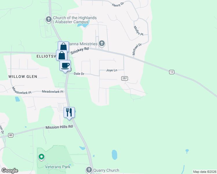 map of restaurants, bars, coffee shops, grocery stores, and more near 310 Mardis Lane in Alabaster