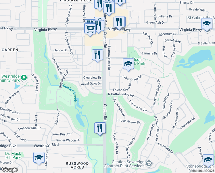 map of restaurants, bars, coffee shops, grocery stores, and more near 512 Audubon Drive in McKinney