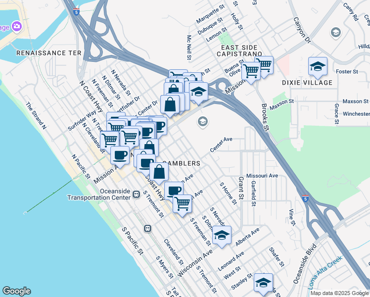 map of restaurants, bars, coffee shops, grocery stores, and more near 122 South Clementine Street in Oceanside