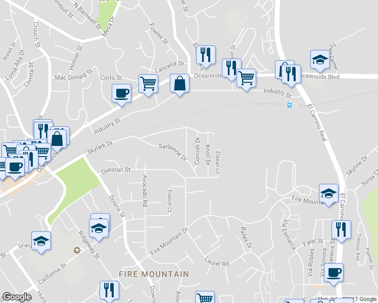 map of restaurants, bars, coffee shops, grocery stores, and more near 1334 Partridge Lane in Oceanside