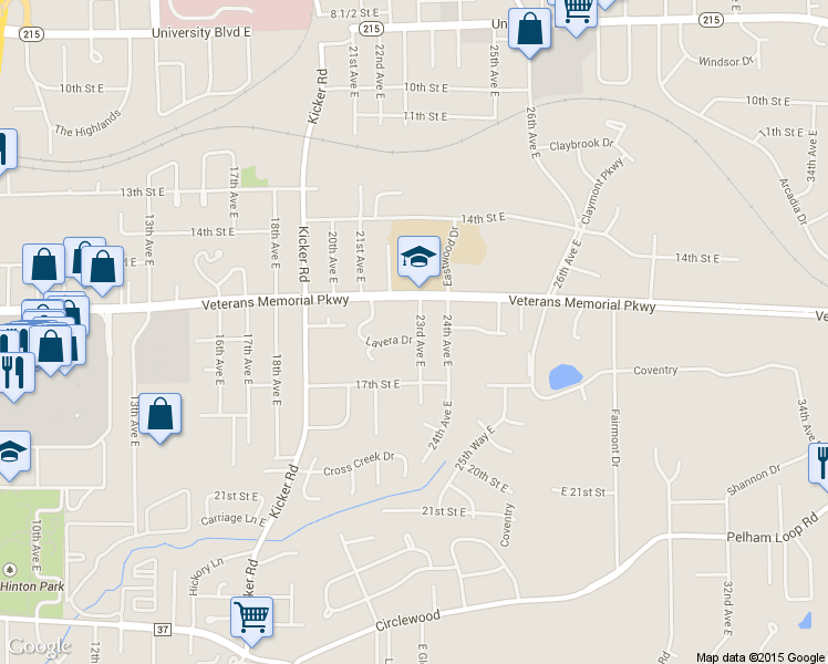 map of restaurants, bars, coffee shops, grocery stores, and more near 2236 Lavera Drive in Tuscaloosa