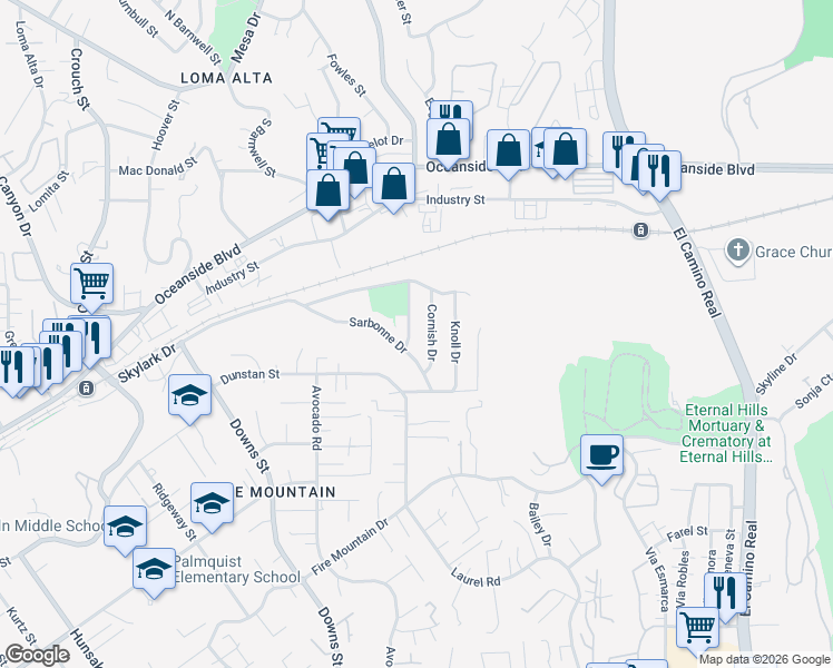map of restaurants, bars, coffee shops, grocery stores, and more near 1334 Partridge Lane in Oceanside