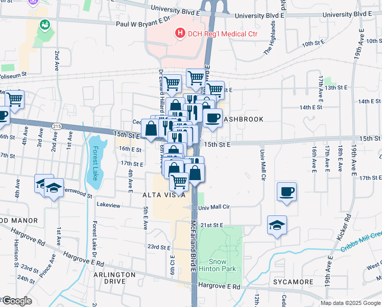 map of restaurants, bars, coffee shops, grocery stores, and more near 1502 McFarland Boulevard East in Tuscaloosa