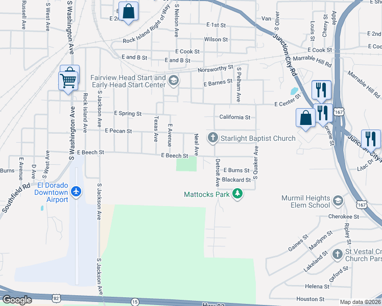 map of restaurants, bars, coffee shops, grocery stores, and more near 906 East Beech Street in El Dorado