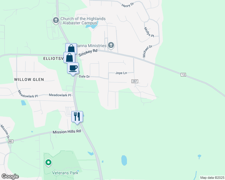 map of restaurants, bars, coffee shops, grocery stores, and more near 303 Fran Lane in Alabaster