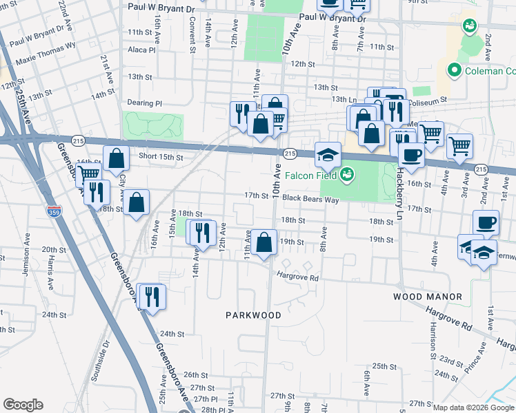 map of restaurants, bars, coffee shops, grocery stores, and more near 1023 17th Street in Tuscaloosa