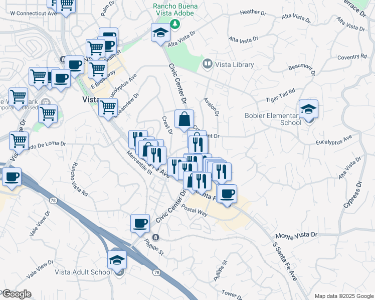 map of restaurants, bars, coffee shops, grocery stores, and more near 707 Civic Center Drive in Vista
