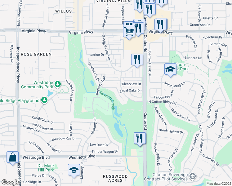 map of restaurants, bars, coffee shops, grocery stores, and more near 713 Royal Crest Court in McKinney