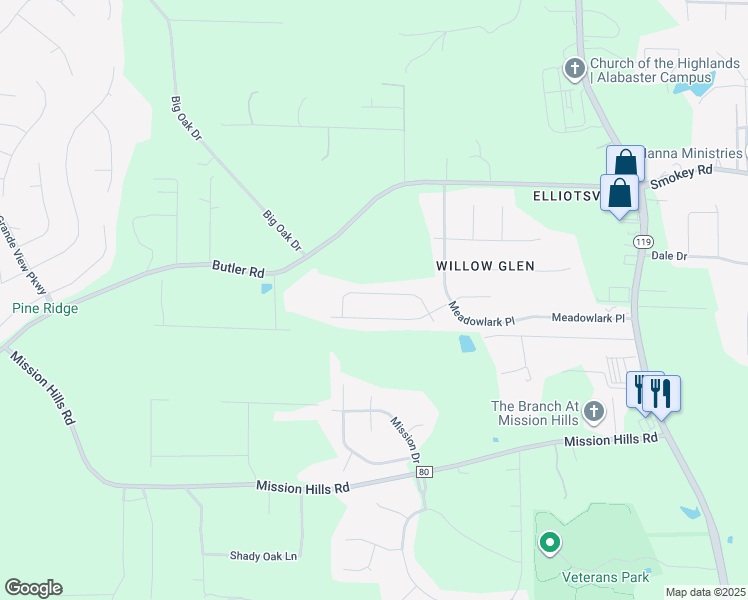 map of restaurants, bars, coffee shops, grocery stores, and more near 320 Willow Glen Court in Alabaster