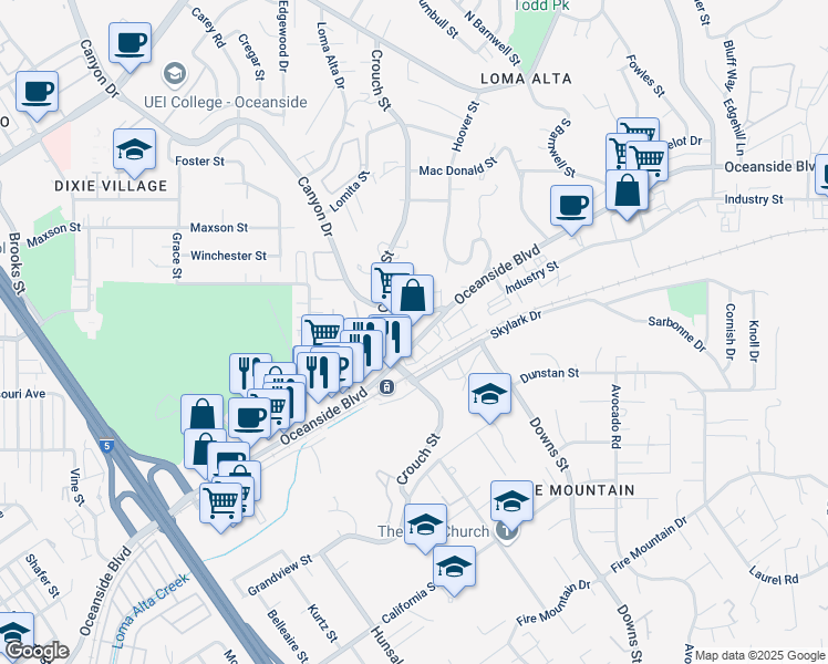 map of restaurants, bars, coffee shops, grocery stores, and more near 2026 Oceanside Boulevard in Oceanside