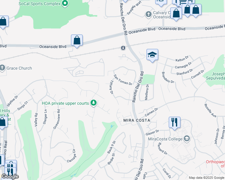 map of restaurants, bars, coffee shops, grocery stores, and more near 2070 Tiffany Drive in Oceanside