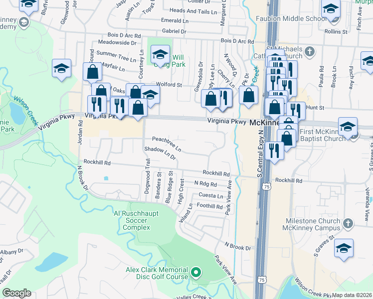 map of restaurants, bars, coffee shops, grocery stores, and more near 2416 Peachtree Lane in McKinney