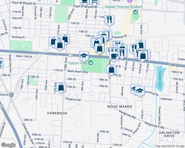 map of restaurants, bars, coffee shops, grocery stores, and more near 639 Black Bears Way in Tuscaloosa